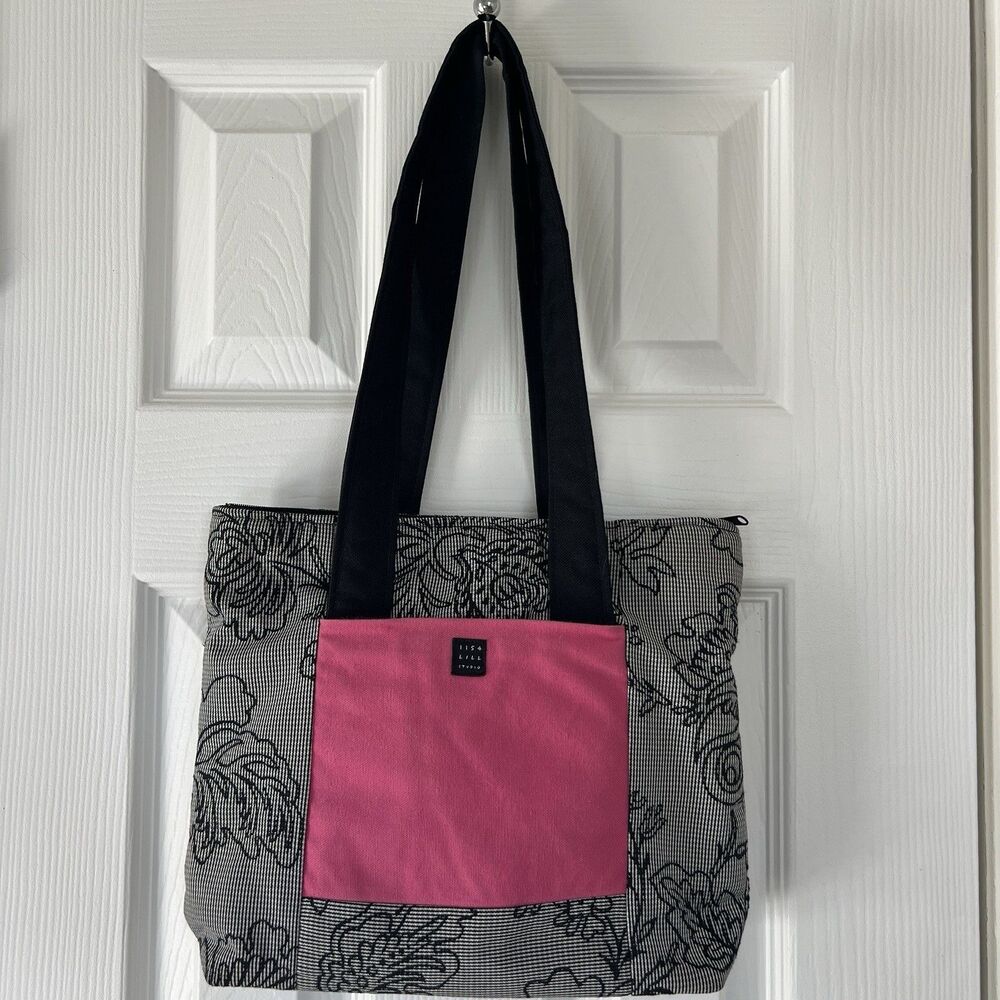 Lisa Lill Studio Tote Bag Purse Black Pink Floral Stripe Canvas Fabric Handbag